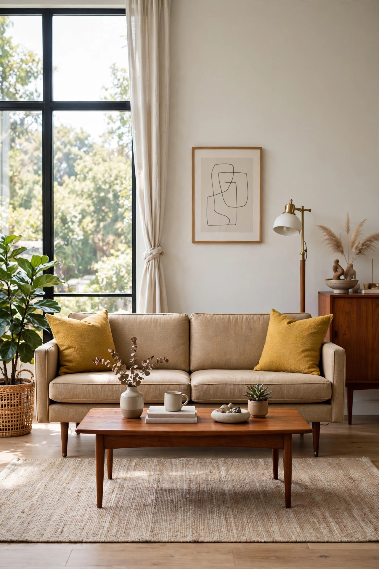 17 Mid-Century Modern Living Room Ideas That Still Feel Fresh 2 Low beige mid century sofa with tapered wooden legs and mustard throw pillows in a bright living room