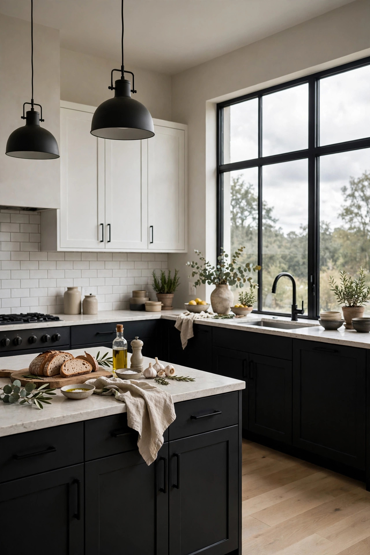 Matte black lower cabinets with white uppers and bar pulls in a modern kitchen.