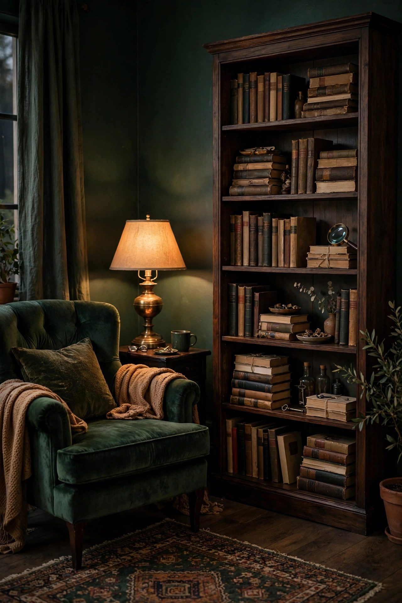 21 Dark Academia Room Decor Ideas That Feel Like an Old Library 2 Moody bedroom corner with deep forest green walls, dark wood bookshelf and glowing brass lamp