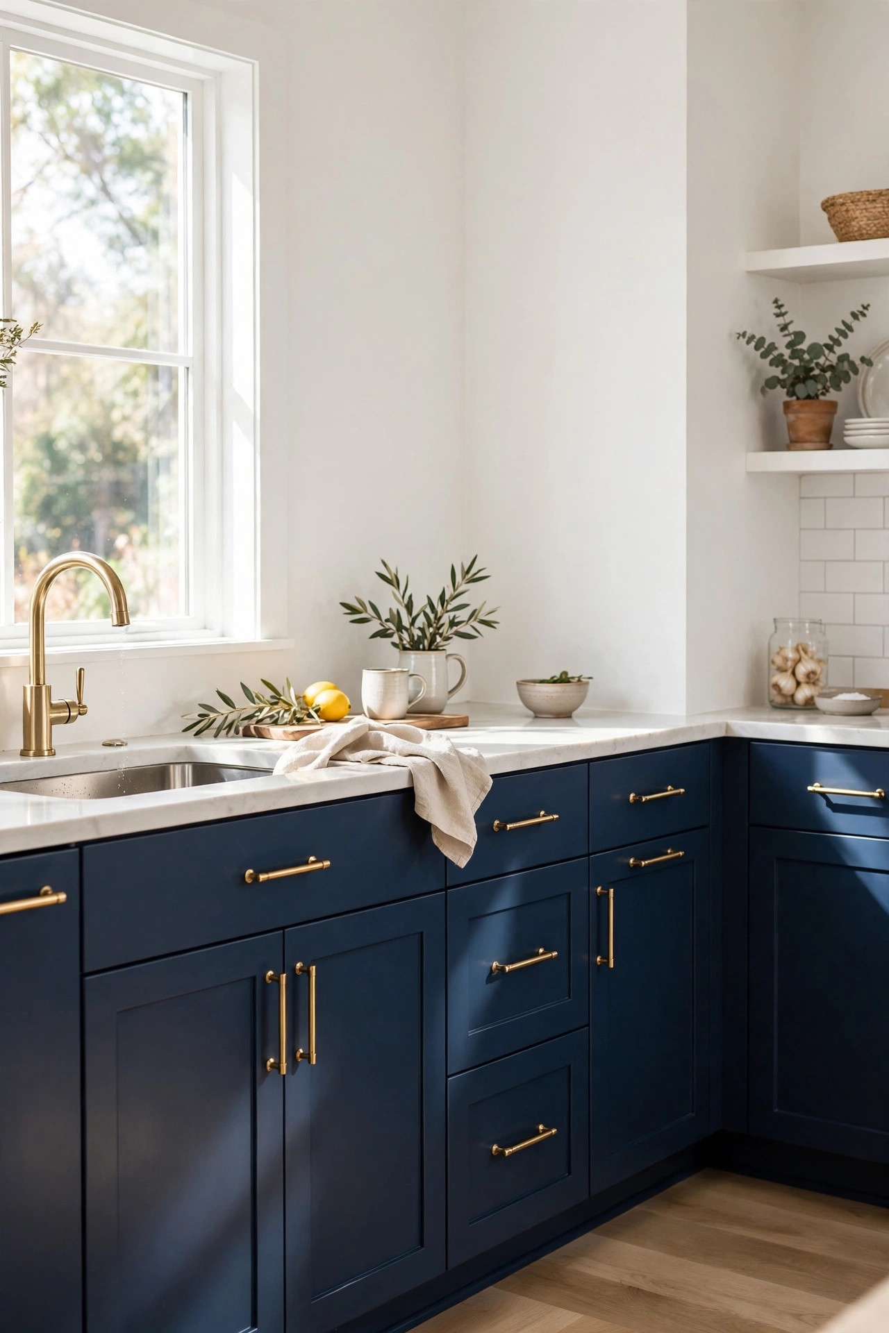 Navy blue lower kitchen cabinets