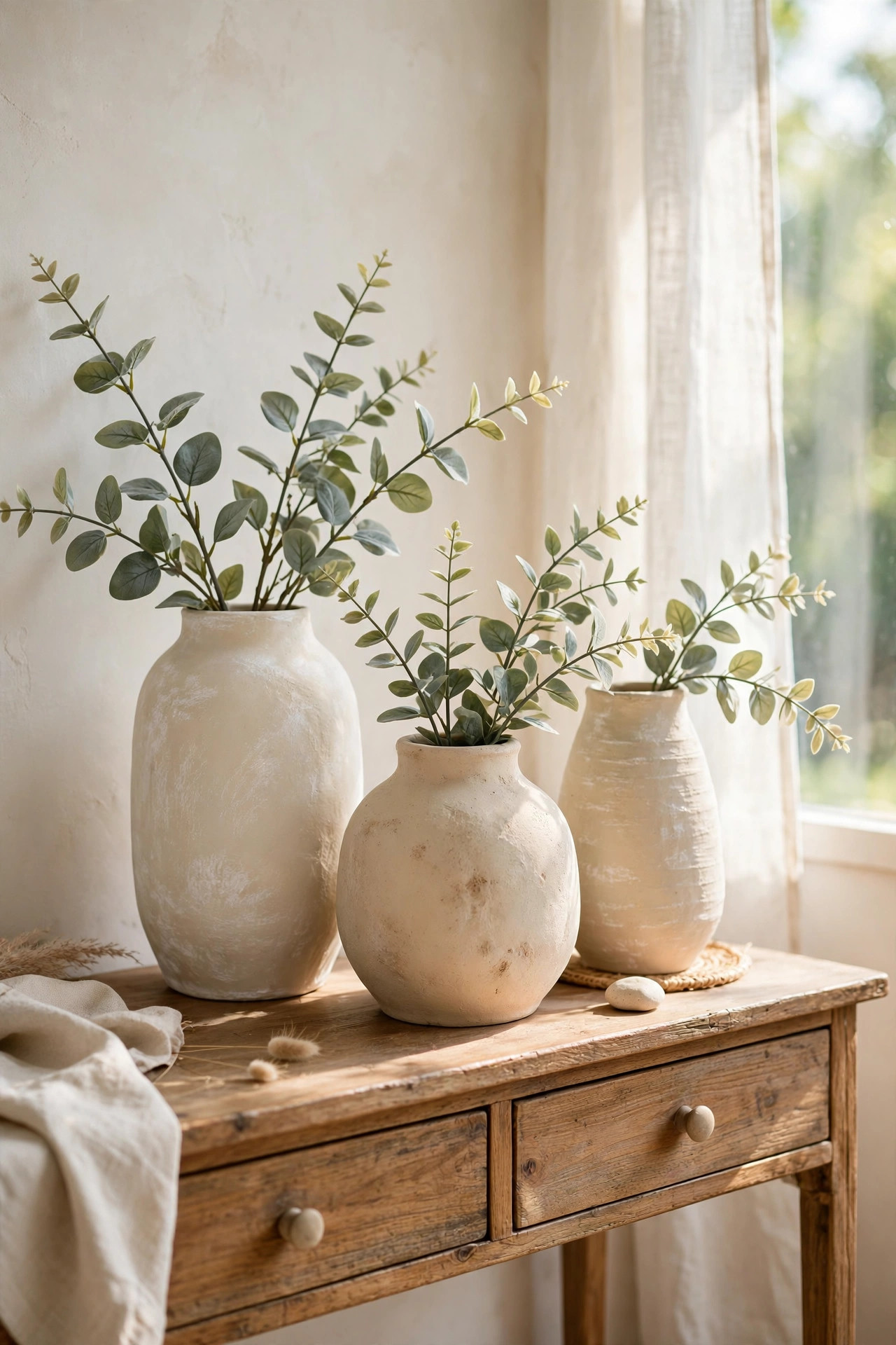 19 Dollar Store Decor Ideas That Look Way More Expensive 2 Handmade-looking matte cream and beige ceramic vases with faux eucalyptus on a wooden console table