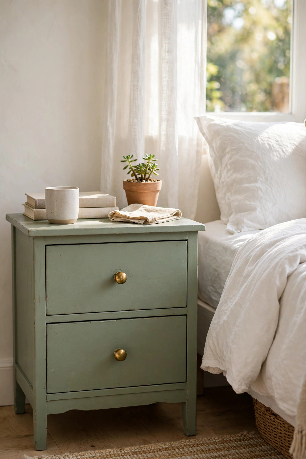 15 Thrift Store Furniture Flips Worth Trying 2 A thrifted wooden nightstand painted sage green with brass knobs beside a bed in a bright bedroom