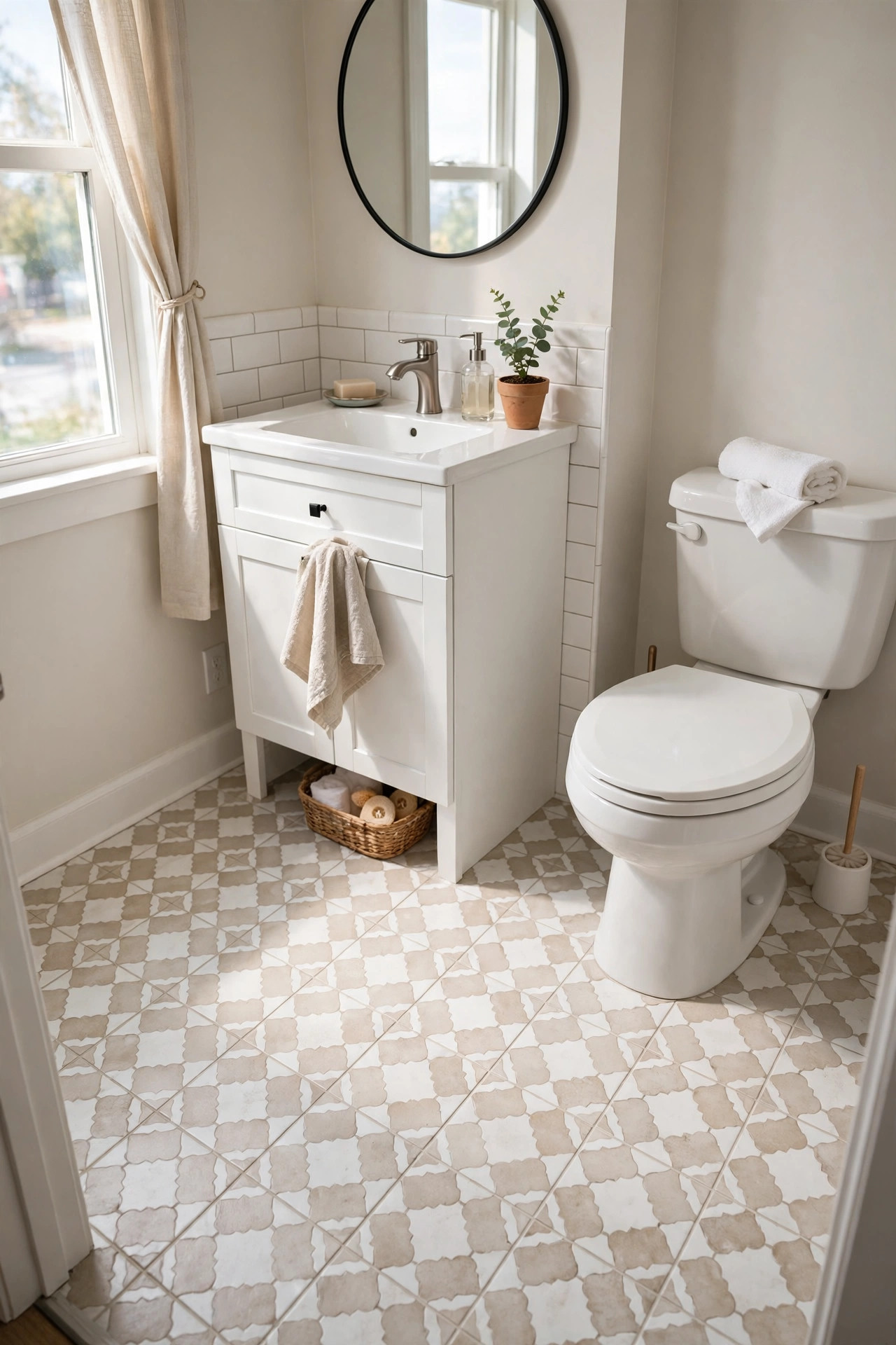 19 Rental Bathroom Ideas That Make It Feel Like Your Own 2 A small rental bathroom floor covered in patterned peel-and-stick tiles in soft beige and white with a white vanity nearby.
