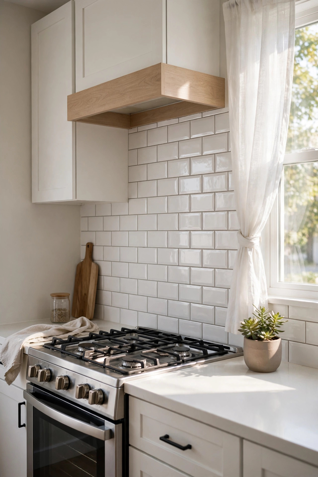 18 Renter-Friendly Kitchen Upgrades That Need Zero Permission 2 White subway look peel and stick backsplash tiles behind a stove in a bright rental kitchen