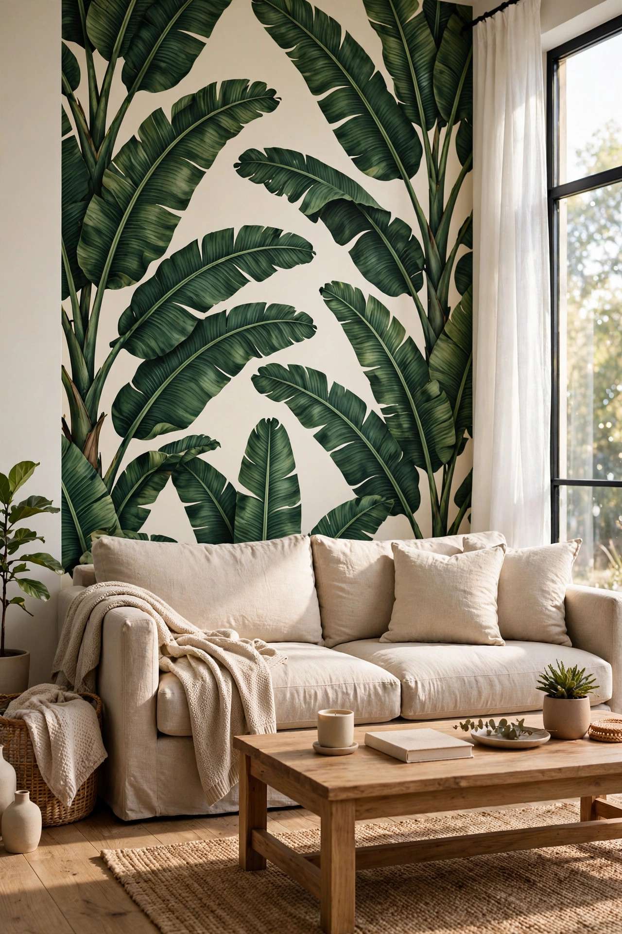 Living room wall covered in green banana leaf peel and stick wallpaper behind a beige sofa