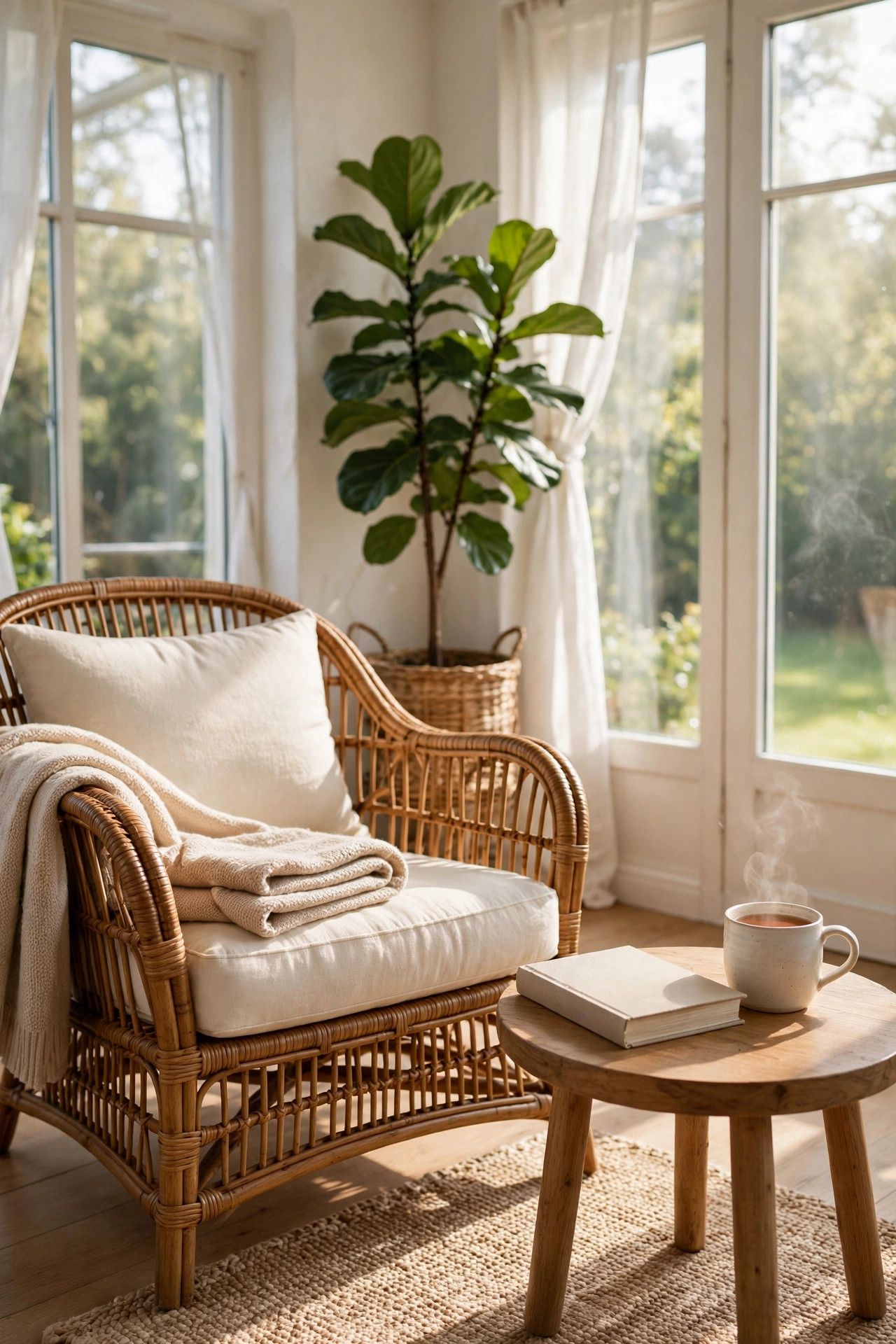 Rattan armchair reading corner with cream cushion, side table with book and tea, fiddle leaf fig behind