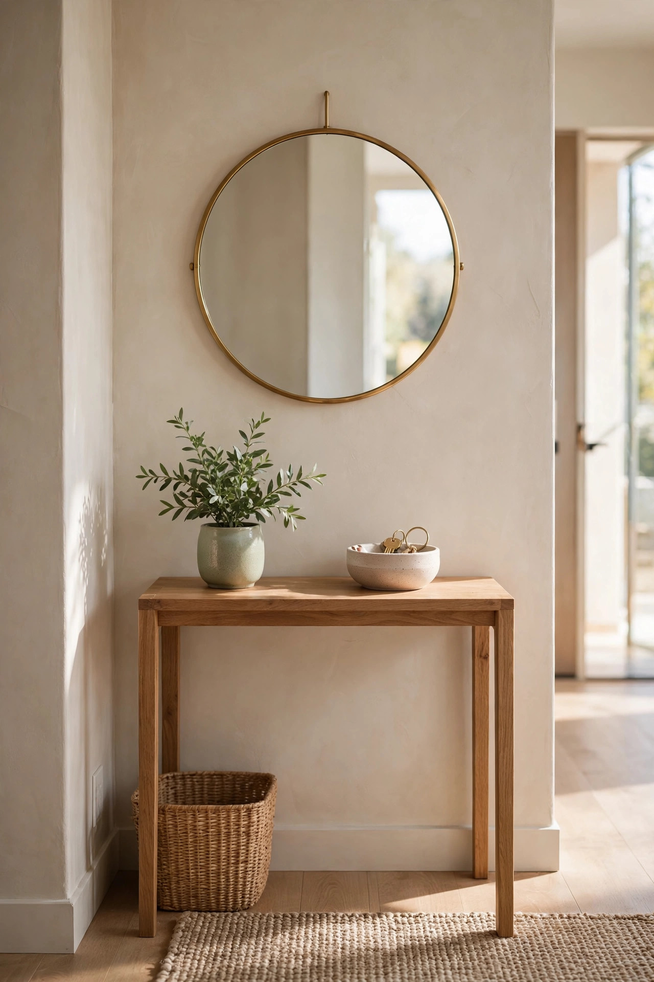 Round mirror hanging above a slim wooden console table in a bright small entryway