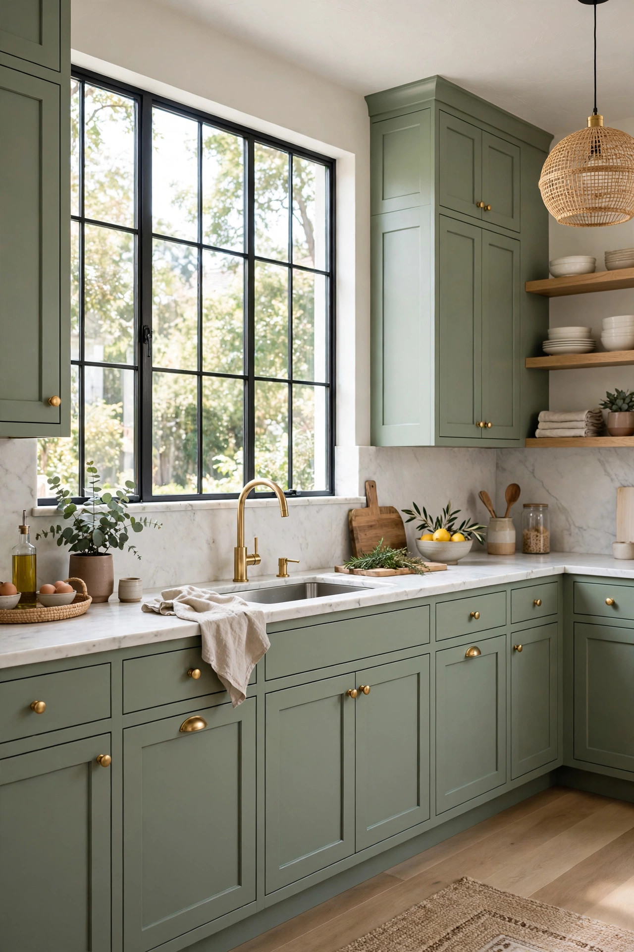 Sage green shaker cabinets with brass knobs and white marble counters in a bright kitchen.