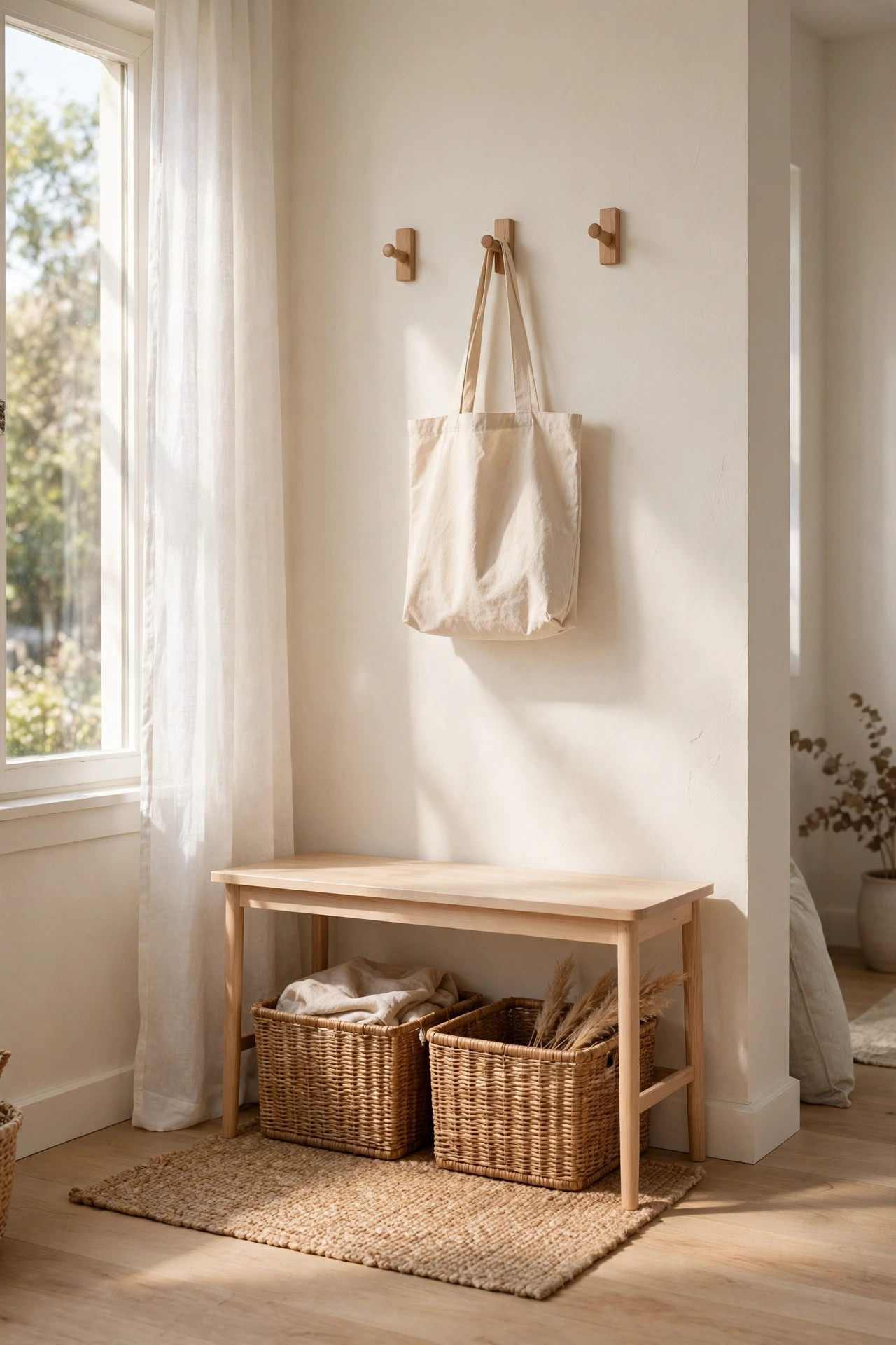 Slim light wood entry bench with woven baskets underneath and a canvas tote hanging on wooden wall hooks