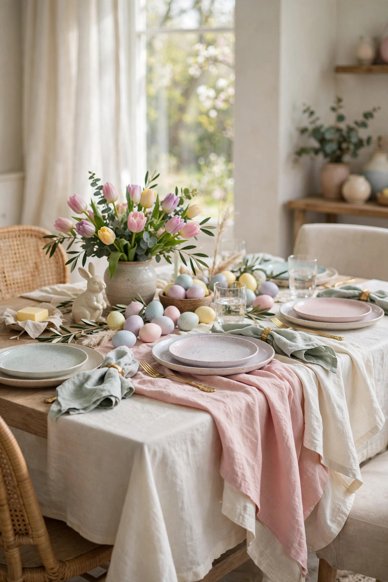 Two layered pastel tablecloths on an Easter dining table, blush over ivory