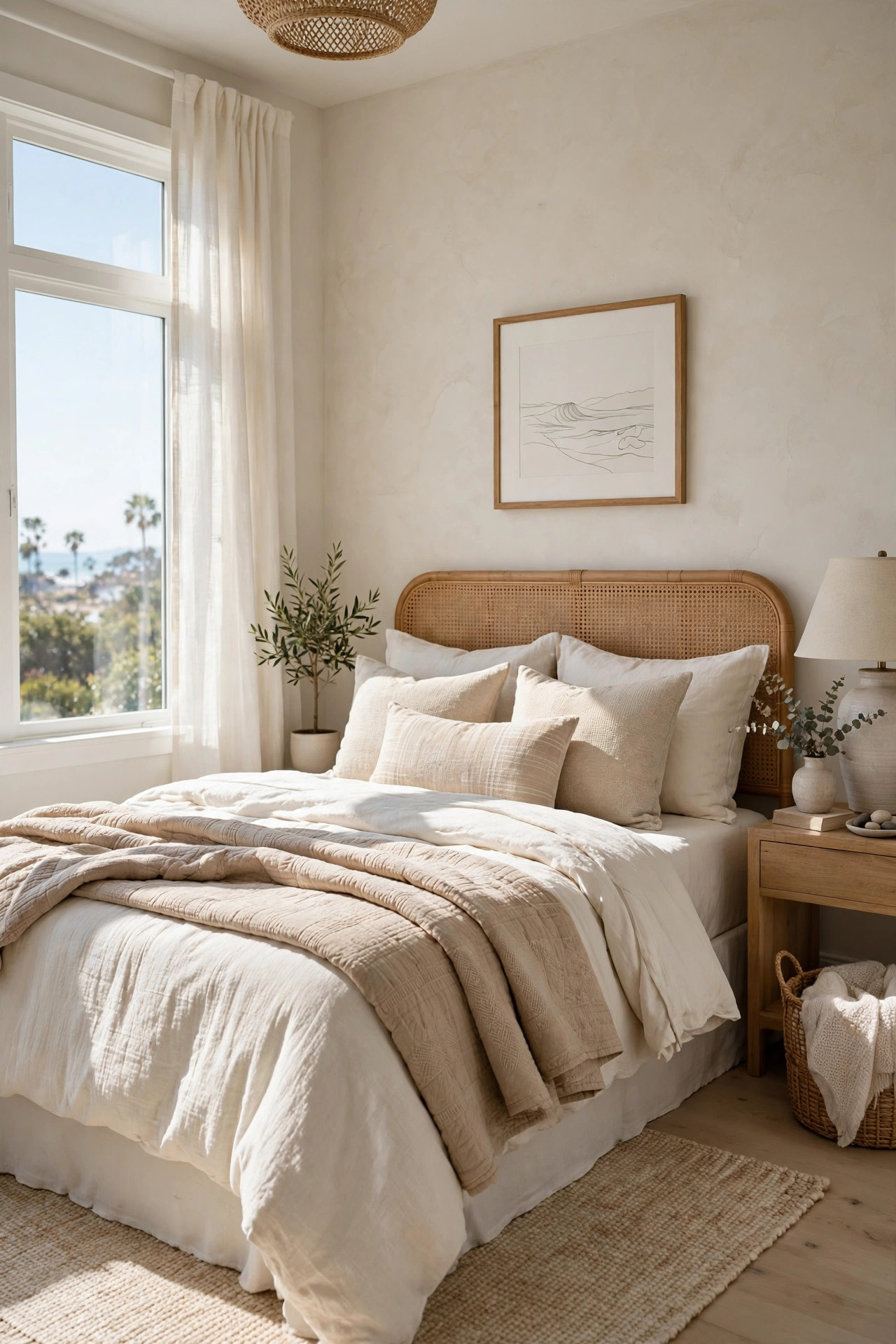 18 Coastal Bedroom Ideas Without the Cliches 2 Bed dressed in layered neutral bedding in sand, oat, and ivory tones