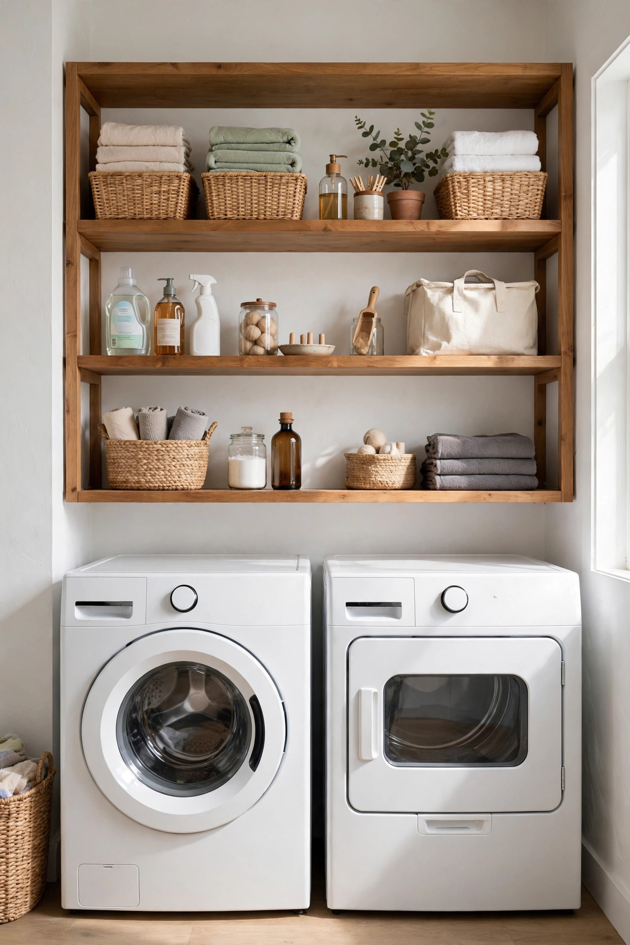 Tall open shelves above washer and dryer