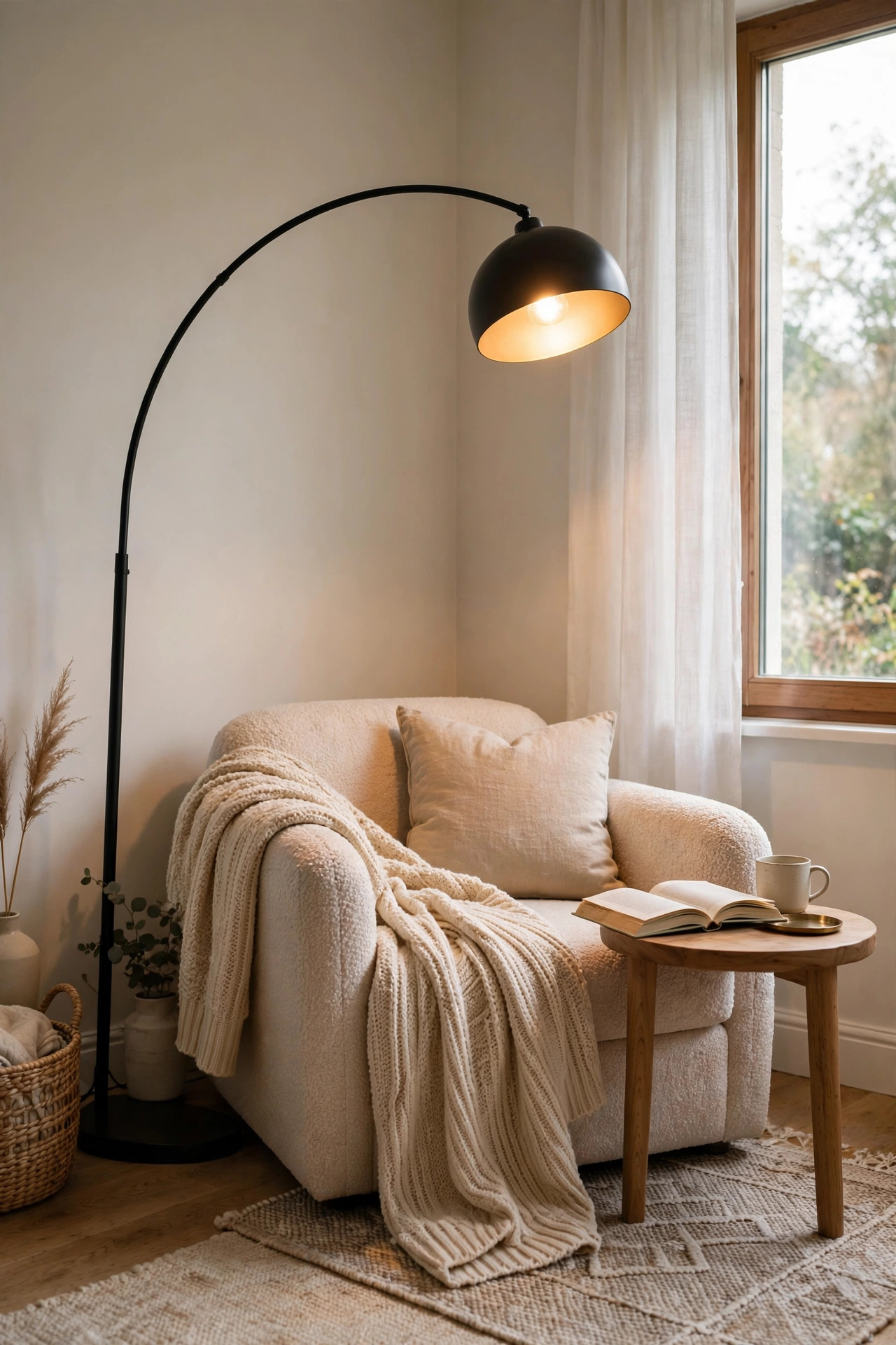 A black arc floor lamp curving over a cream reading chair with a knit throw and open book on a wooden side table.