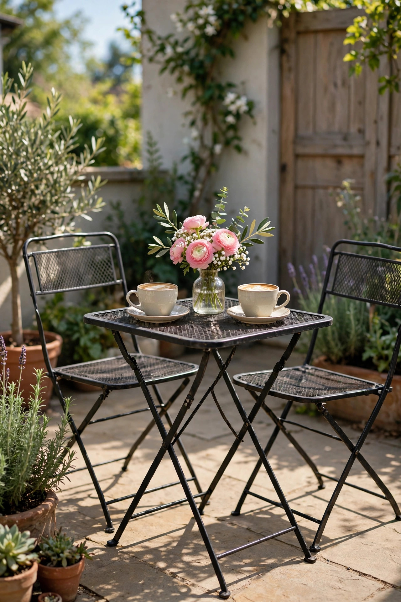 17 Outdoor Dining Ideas for Small Patios 2 Small sunny patio with a folding bistro table and two folding chairs set with coffee cups and a small vase of flowers