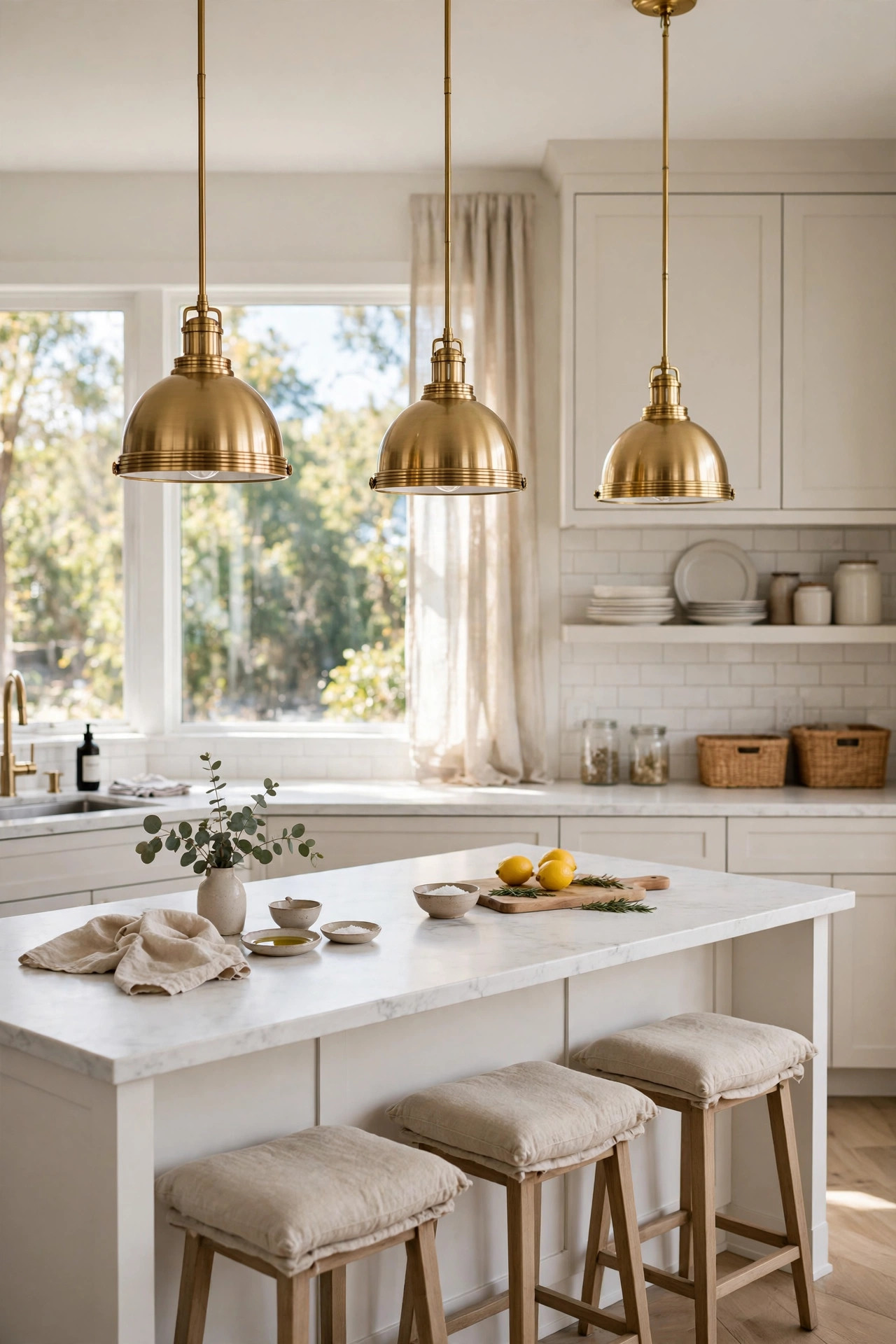 Three matching brass pendant lights hanging in a row over a white kitchen island.