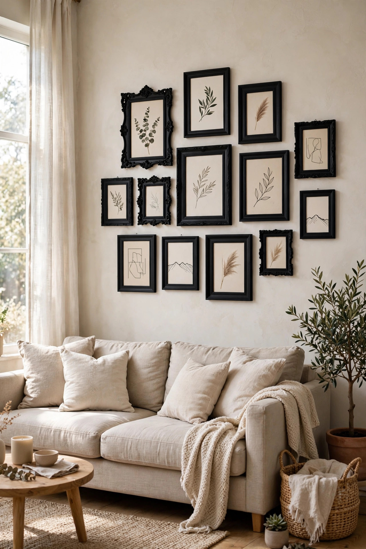22 Decor Ideas Under $50 That Change Everything 2 Gallery wall of thrifted black picture frames arranged above a neutral beige sofa