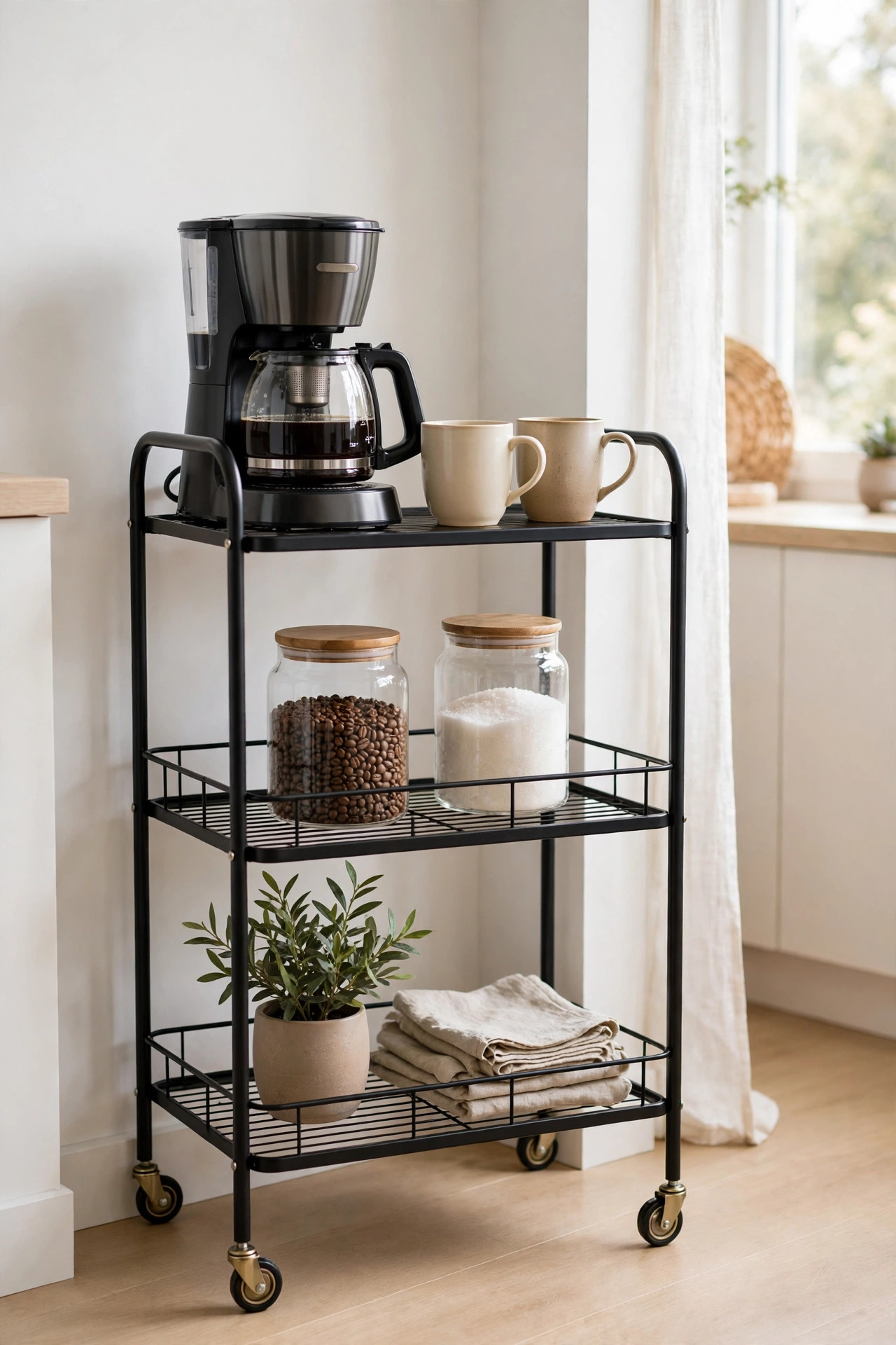 Three-tier rolling bar cart styled as a coffee station in a bright kitchen corner.