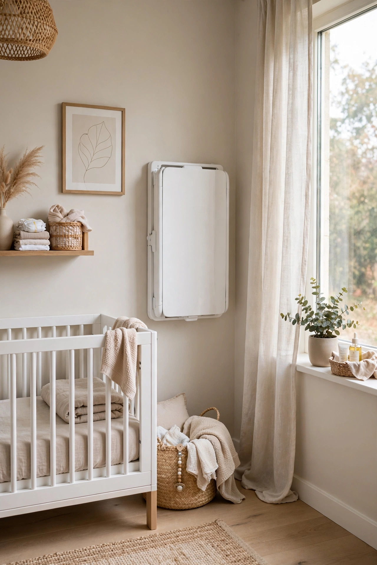 White wall mounted fold down changing table folded flat against a small nursery wall