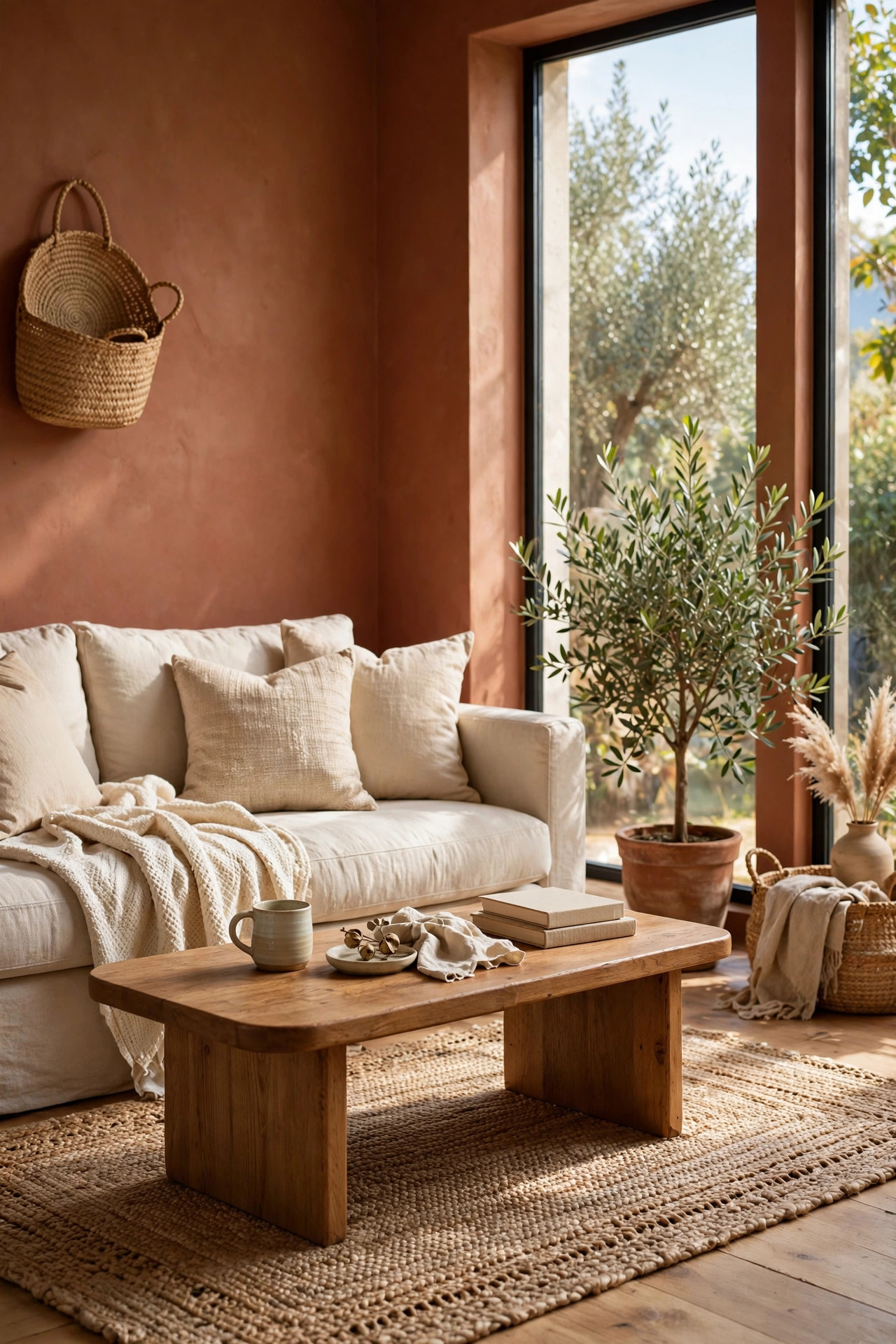 16 Earthy Paint Colors That Make a Home Feel Grounded 2 Cozy living room with terracotta walls, a cream linen sofa, wooden coffee table, and a potted olive tree in bright daylight