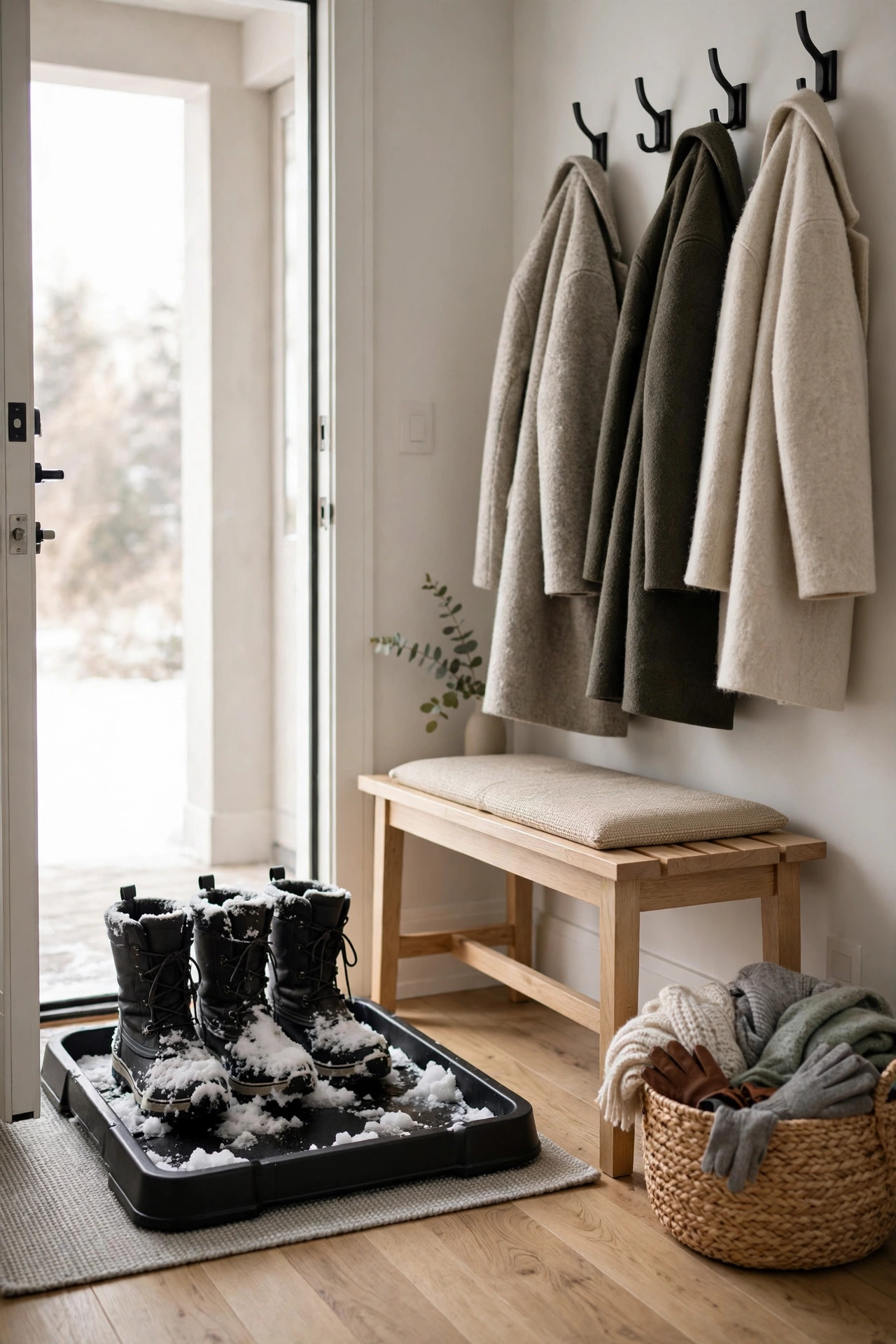 Cozy Winter Home Decor Ideas for After the Holidays 2 Home entryway with a black boot tray holding snowy winter boots, a light wood bench with folded wool coats on hooks, and a basket of scarves beside the door