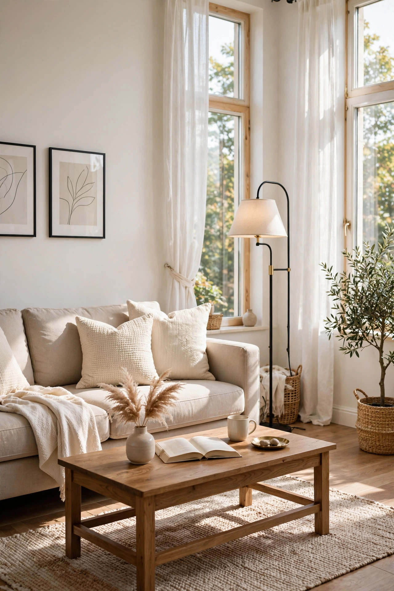 15 Warm White Paint Colors That Work in Every Room 2 Living room with soft warm white walls, beige sofa, wood coffee table, and sunlight through tall windows