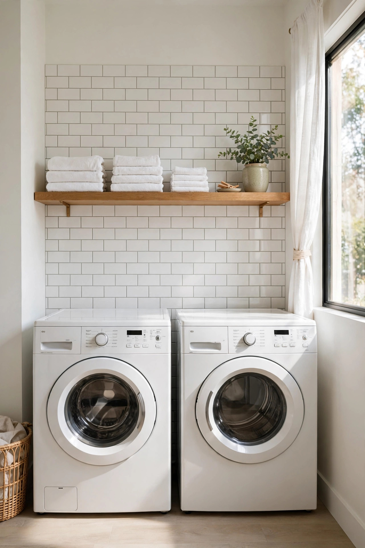 White subway tile backsplash behind a washer and dryer in a bright small laundry room with a wood shelf and folded towels.