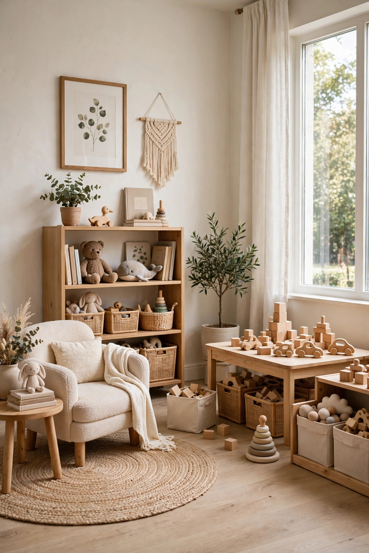 16 Playroom Ideas That Keep the Mess Contained 2 A modern playroom divided into a reading corner and a building zone with a round rug and low table.
