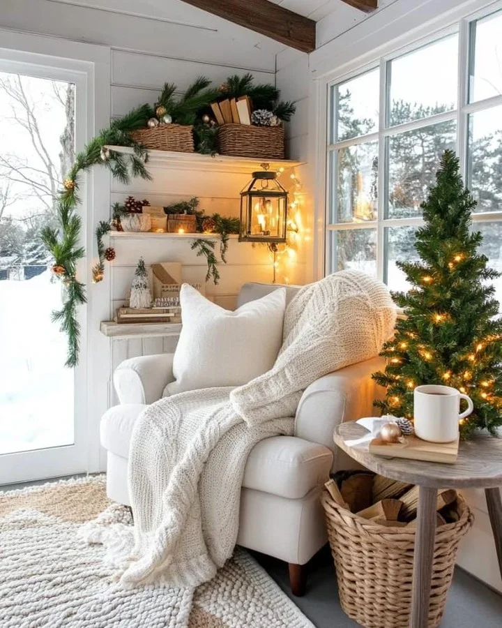 A Christmas reading corner with an armchair, knit throw, lit lantern, small tree and a mug on a side table