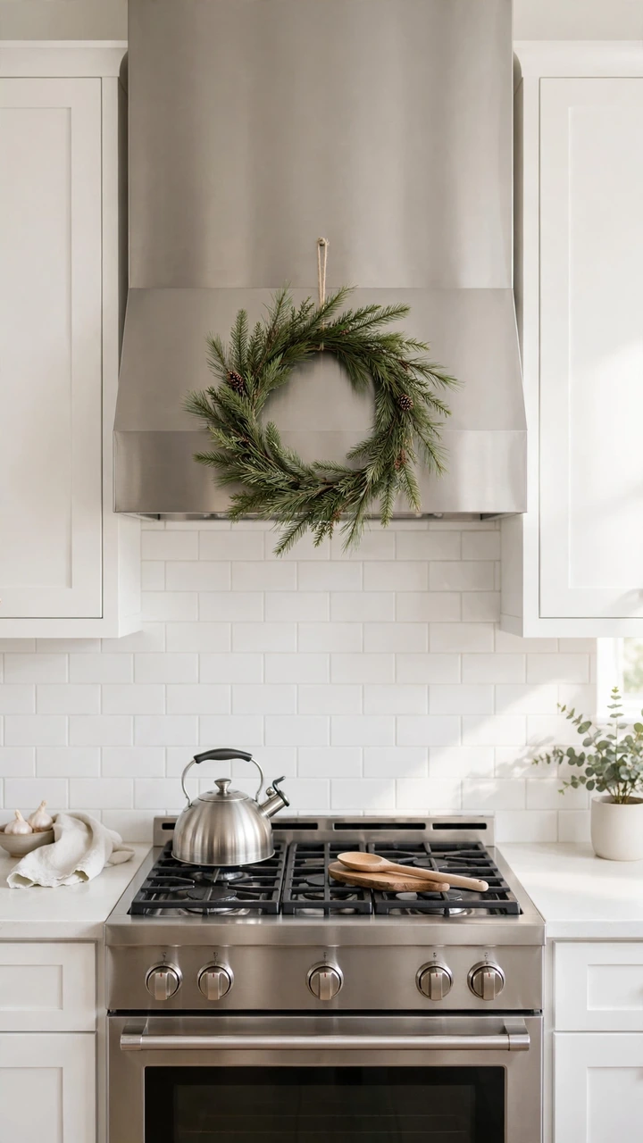 A slim pine wreath with pinecones hanging on the front of a stainless steel range hood above a stove with a kettle and wooden spoons.