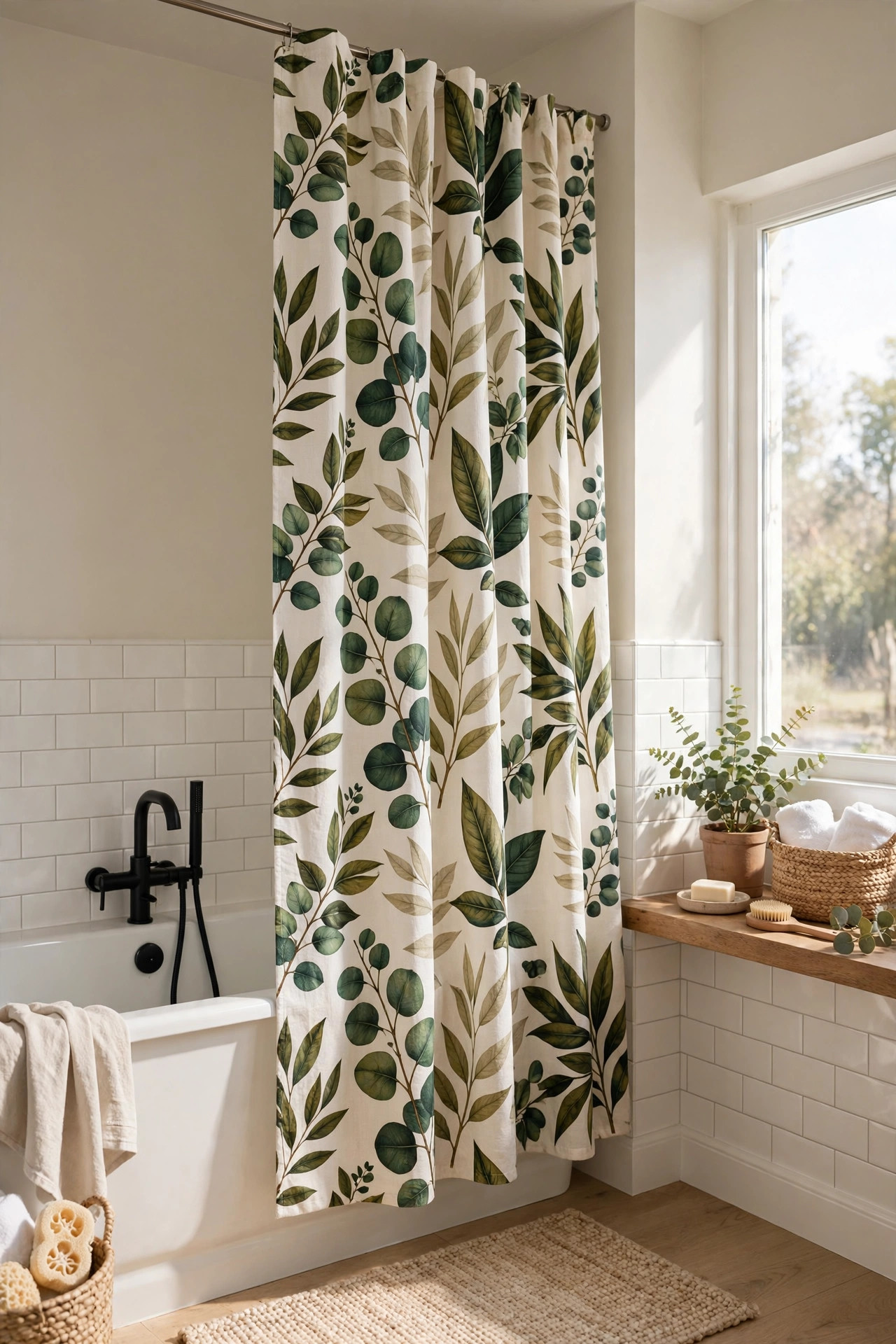 19 Rental Bathroom Ideas That Make It Feel Like Your Own 3 A rental bathroom with a bold botanical print shower curtain hanging high on a tension rod over a white bathtub.