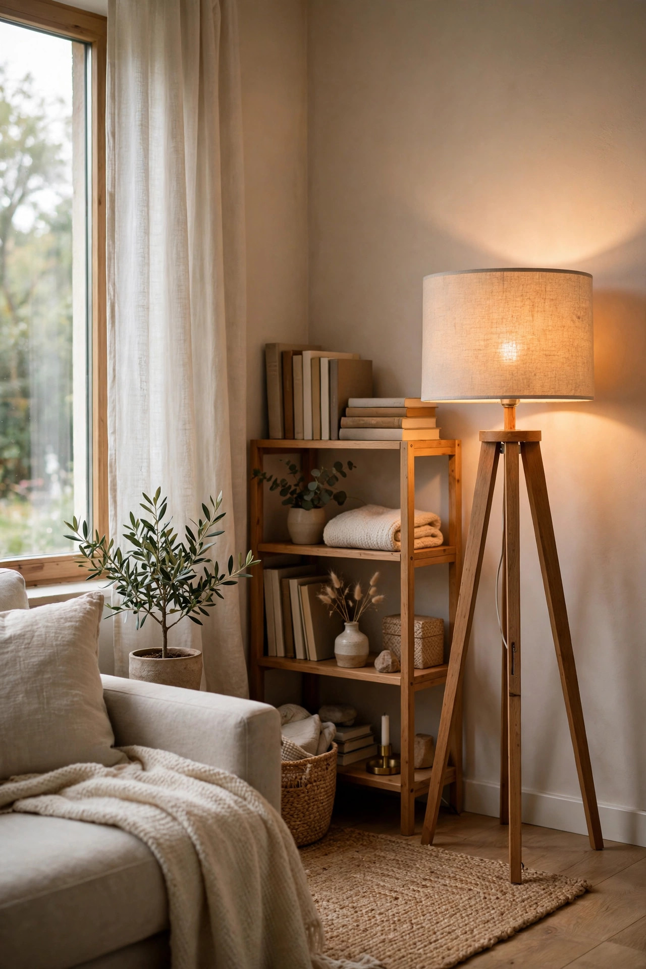 A wooden tripod floor lamp with a glowing natural linen shade beside a small bookshelf in a living room corner.