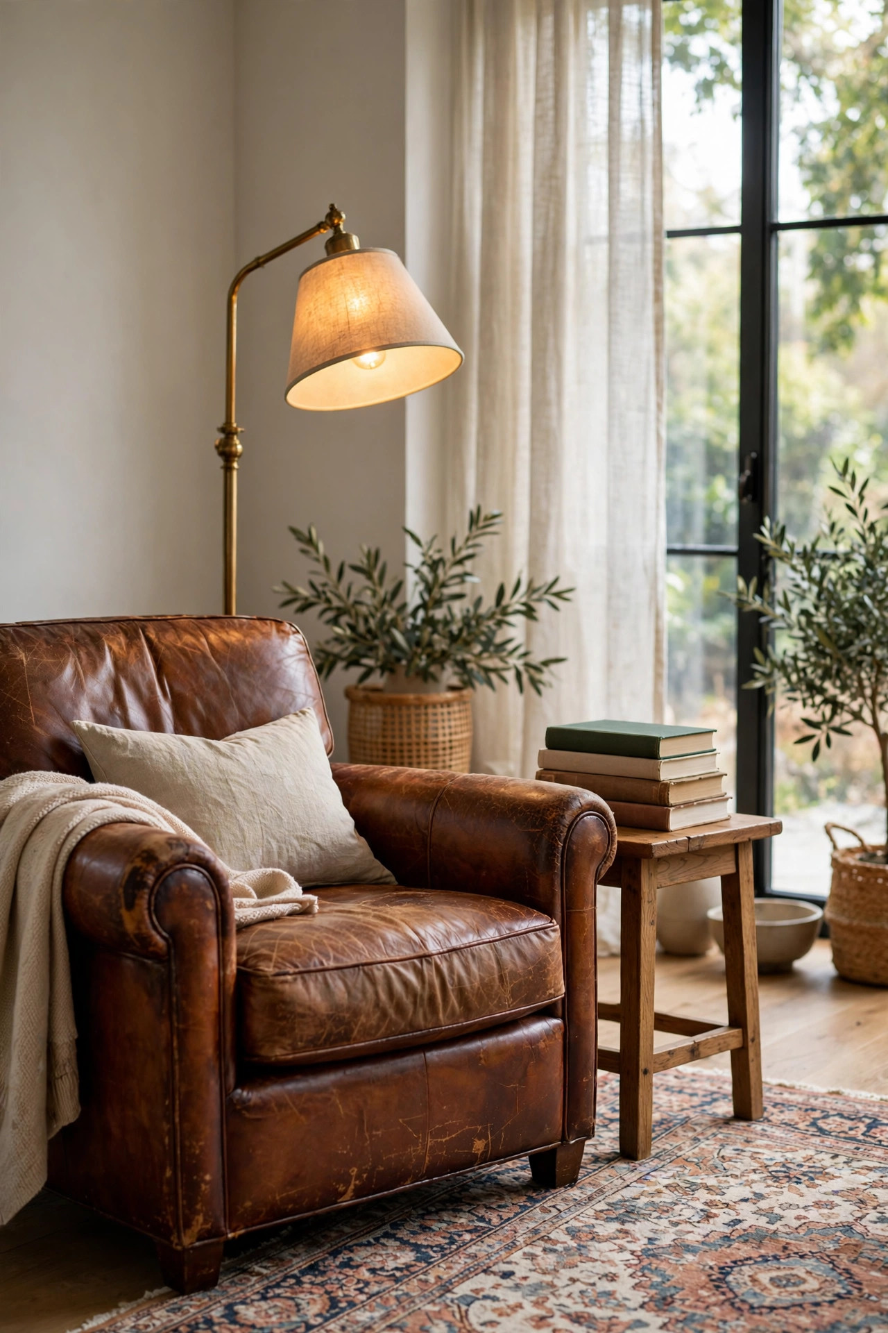 A Worn Leather Armchair in the Living Room
