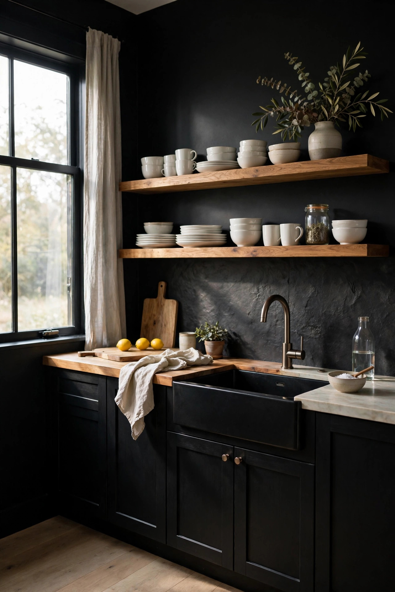 Black kitchen walls warmed by natural wood open shelves holding white dishes.