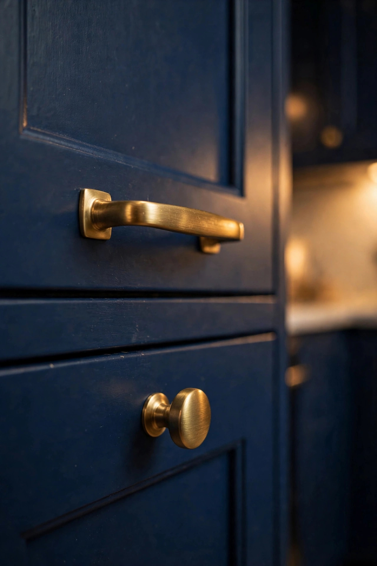 Brass handles on navy cabinets