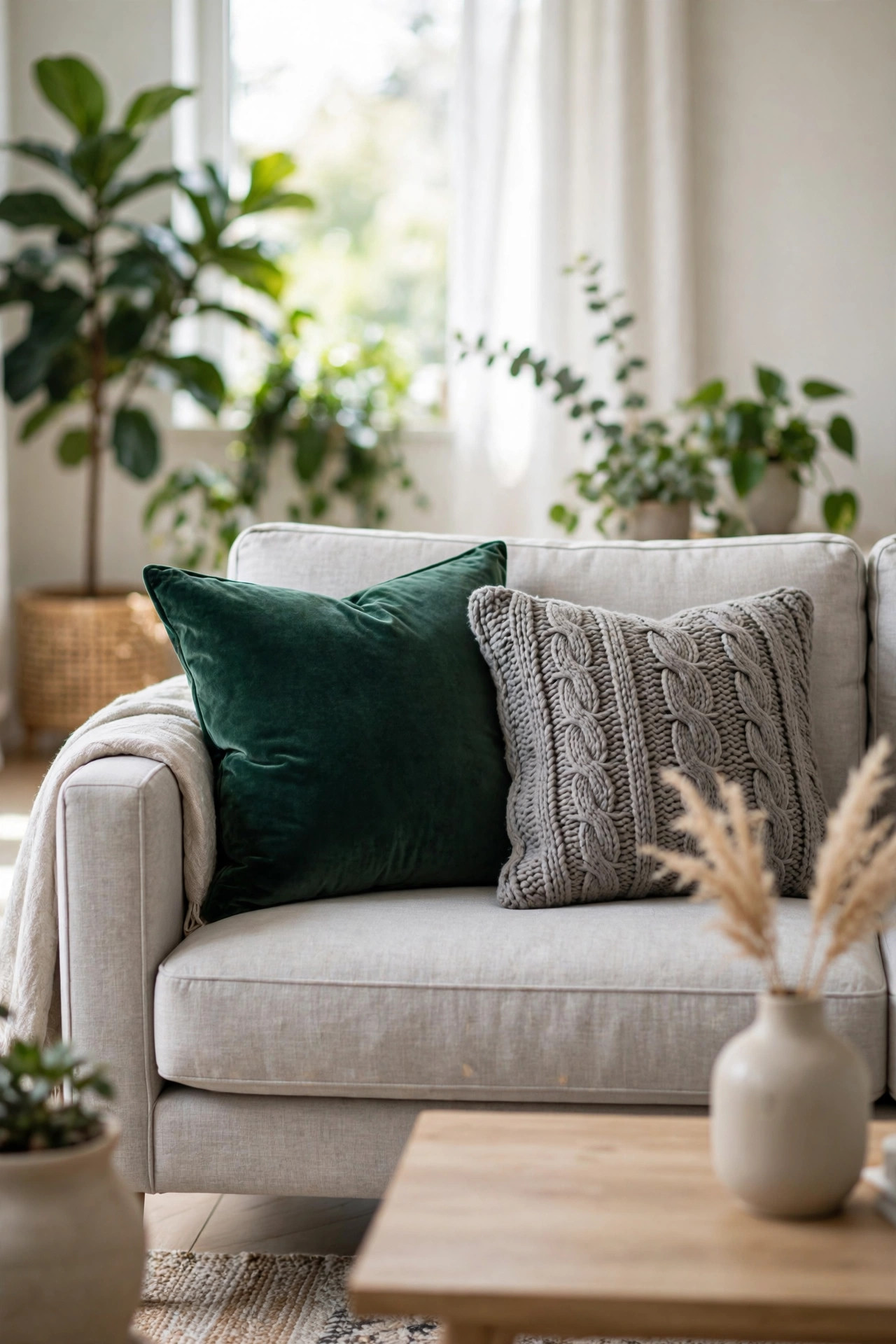 Gray sofa styled with a dark charcoal velvet pillow and a beige cable knit pillow in a modern living room