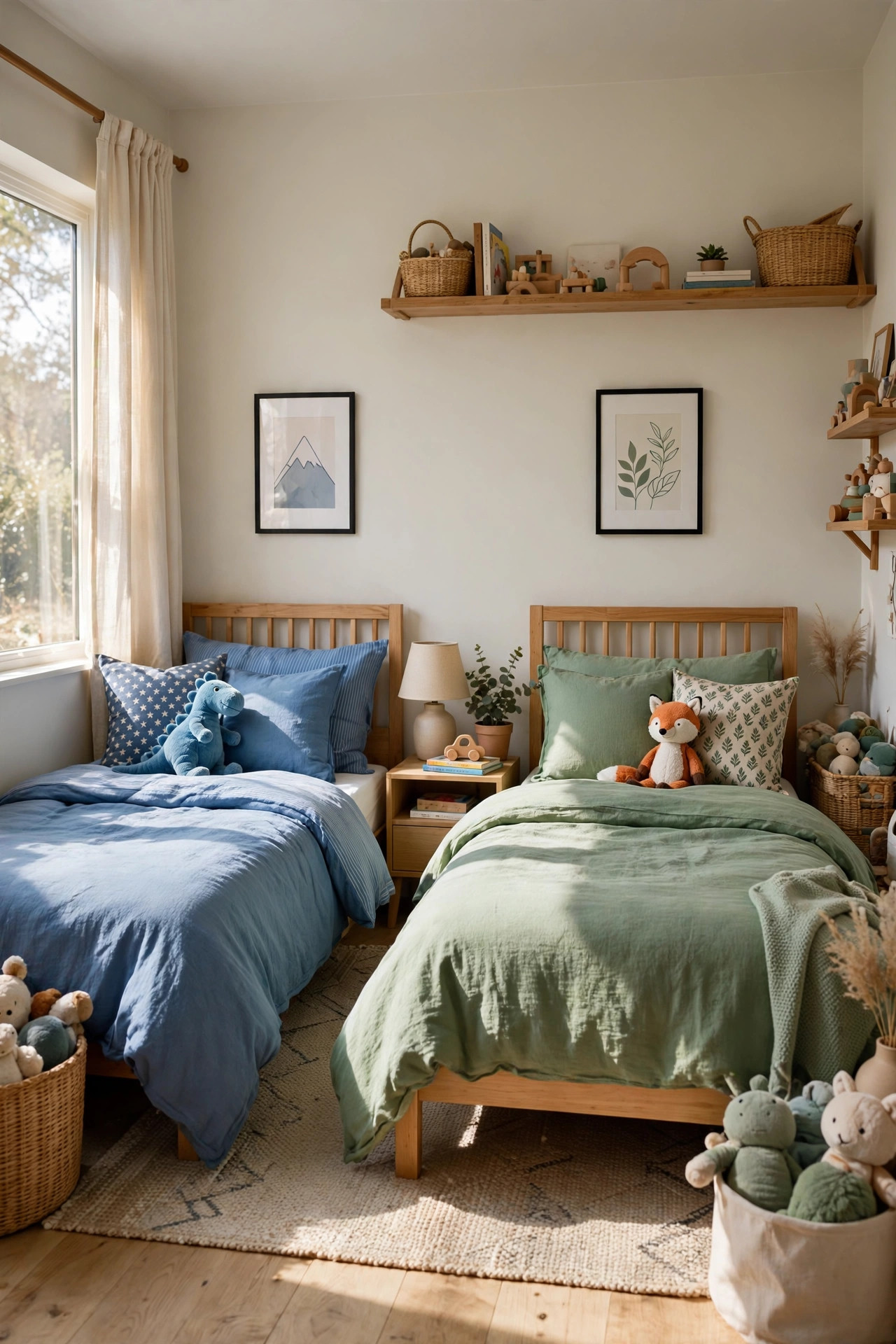 Two twin beds with blue and green bedding in a shared kids room.