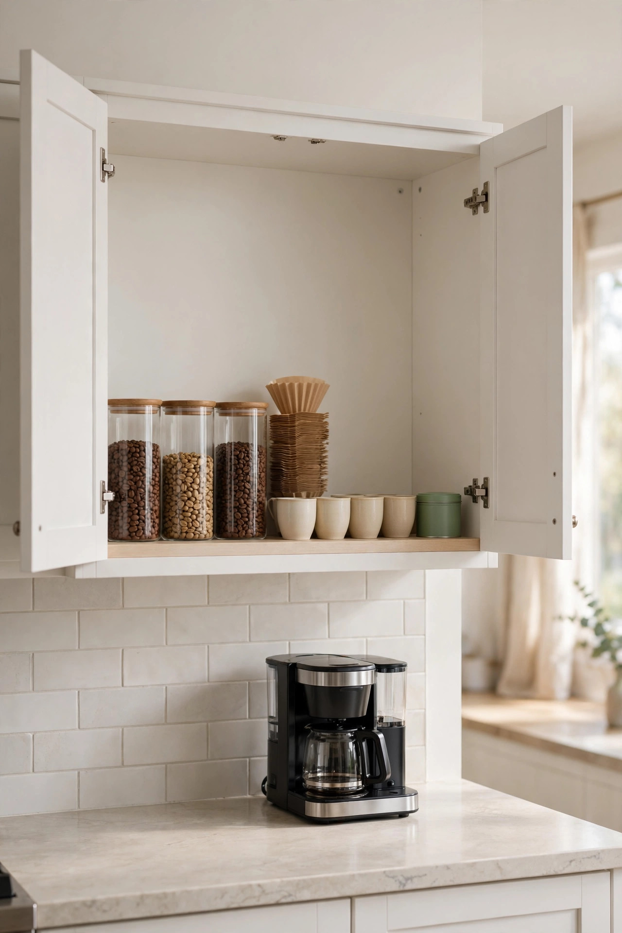 Open kitchen cabinet with one shelf organized with coffee jars, filters, and mugs.