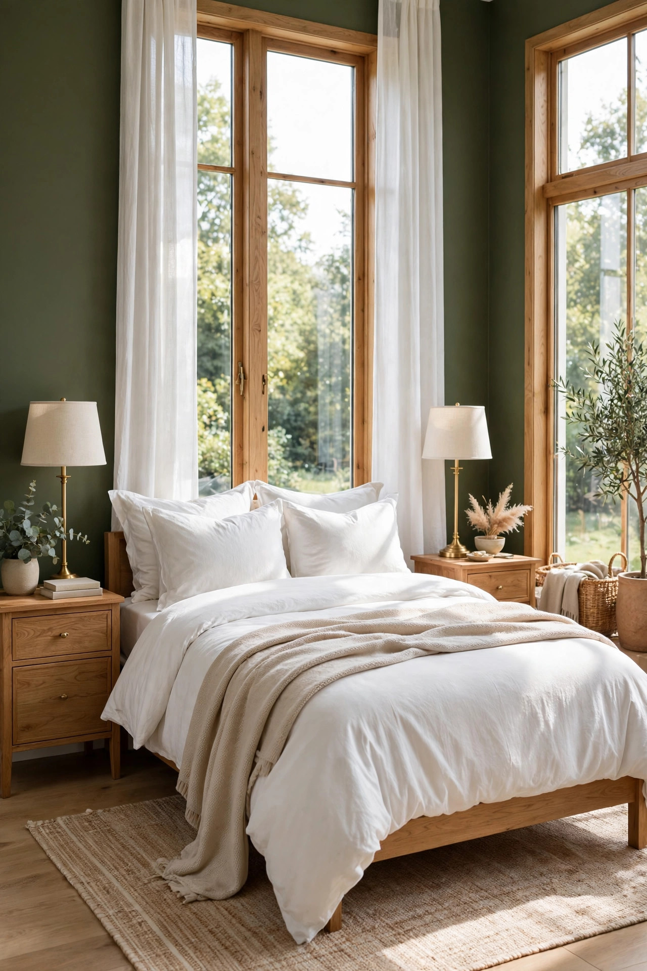 16 Earthy Paint Colors That Make a Home Feel Grounded 3 Calm bedroom with deep olive green walls, white bedding, oak nightstands, and brass table lamps
