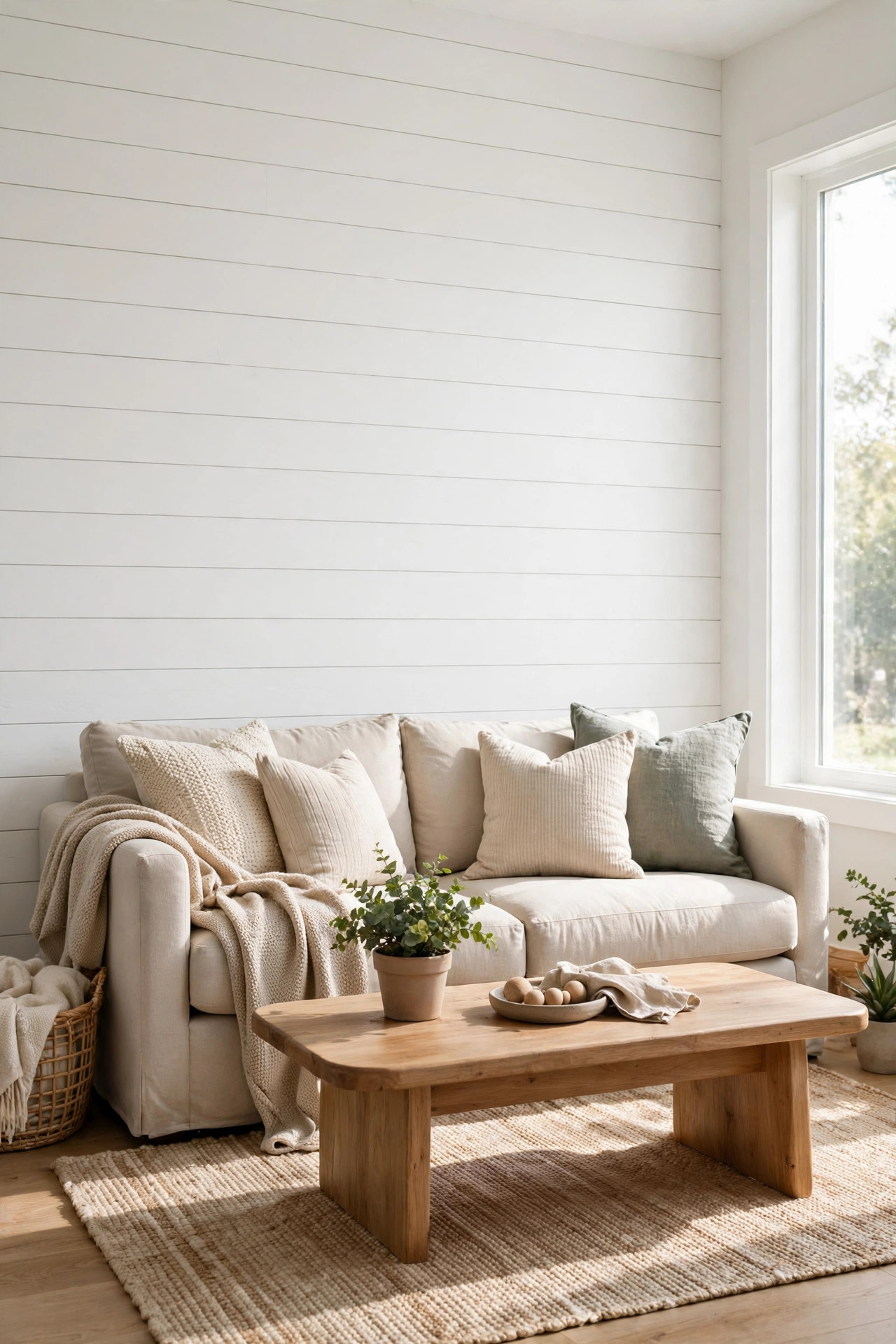 Living room with white faux shiplap peel and stick wallpaper behind a beige sofa.