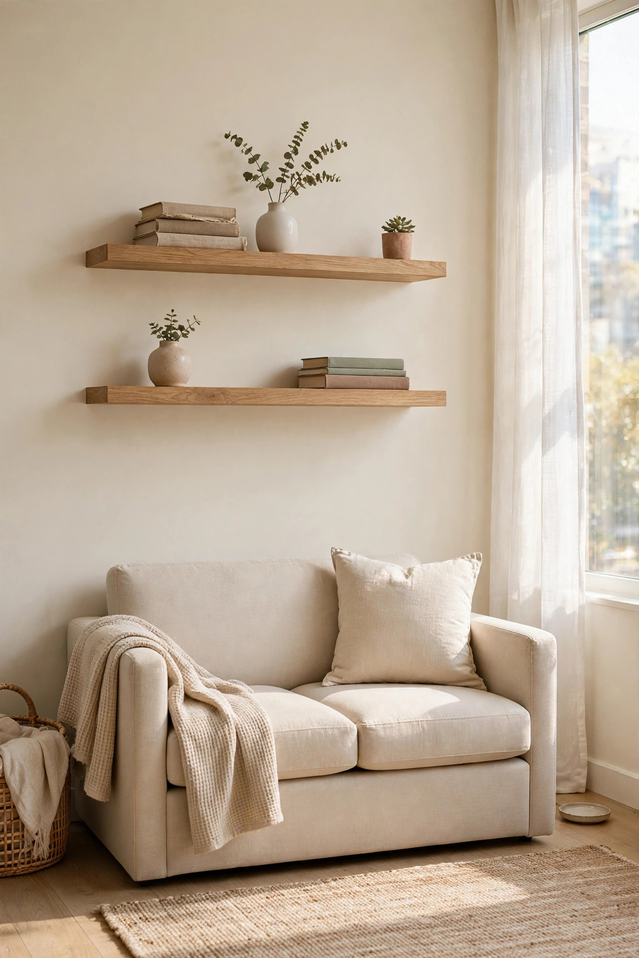 Two floating oak shelves above a small beige loveseat styled with books, a ceramic vase and a tiny plant