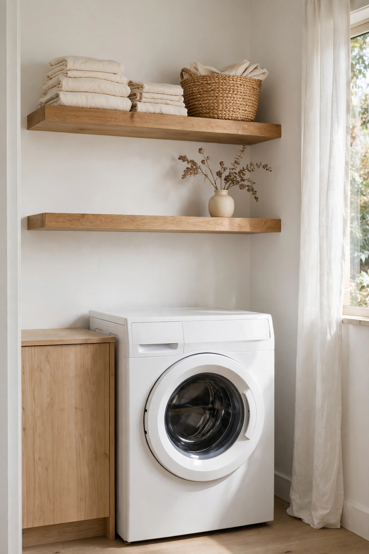 Light wood floating shelves styled with folded linens and a basket above a washing machine in a small laundry room.