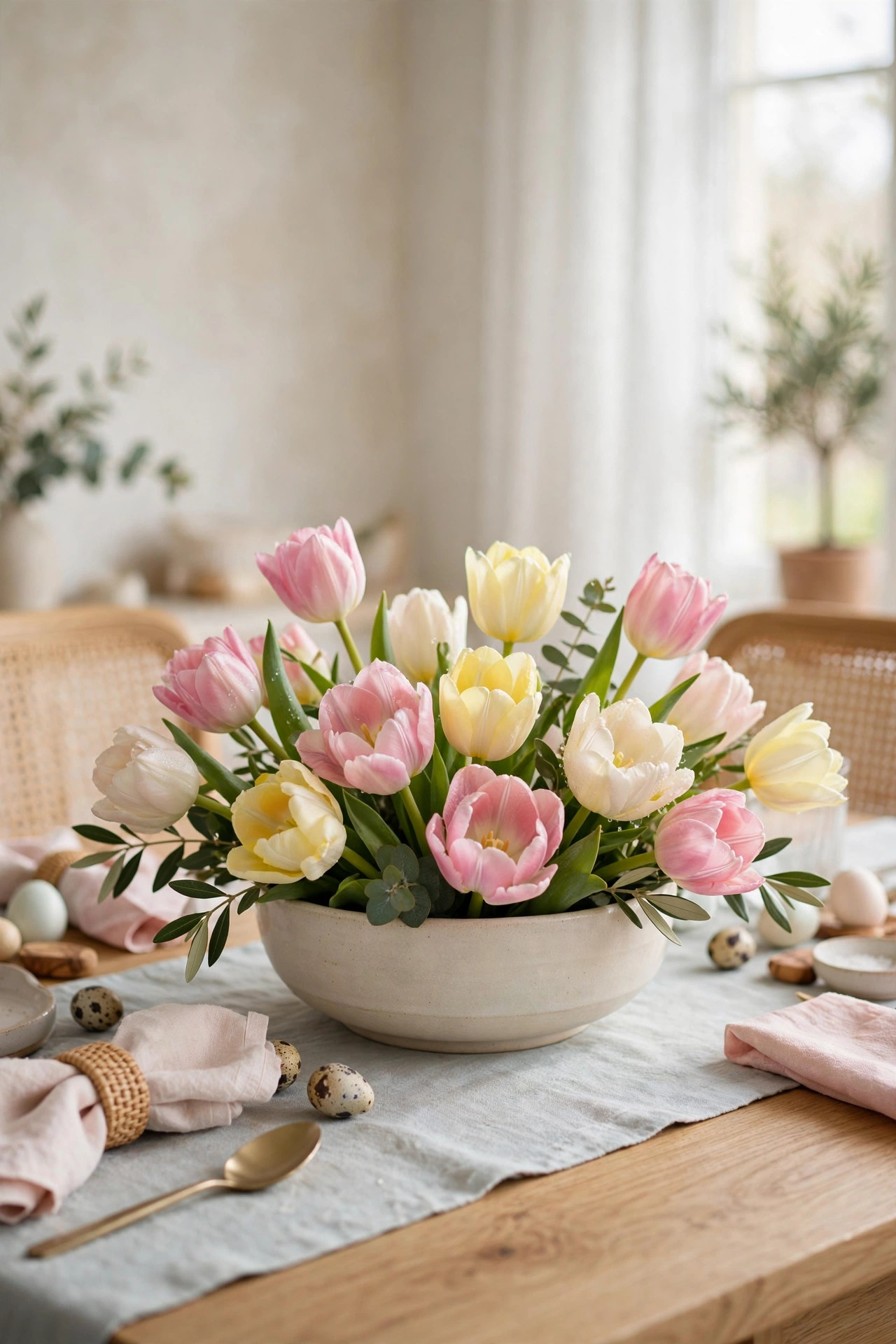 Low bowl of fresh pink and cream tulips as an Easter centerpiece