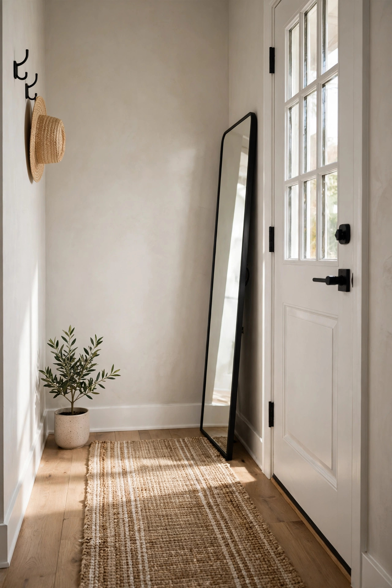 Full length leaning mirror beside a front door in a narrow cozy entryway