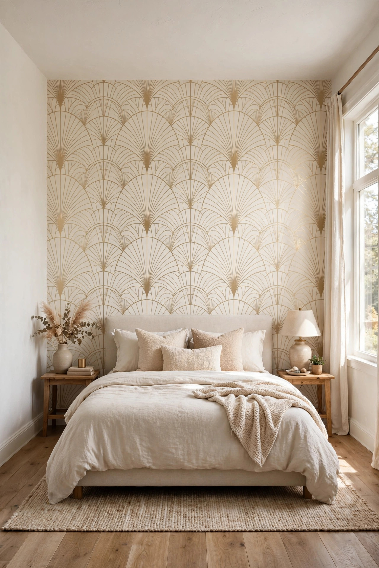 17 Art Deco Bedroom Ideas With a Modern Twist 3 A bedroom with a black and champagne geometric wallpaper accent wall behind a neutral upholstered bed.