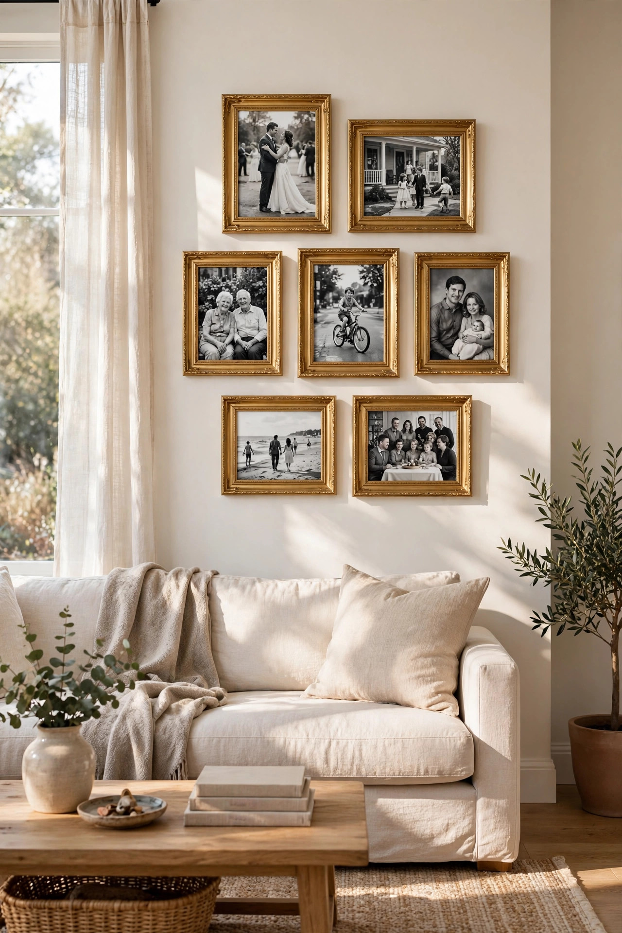 19 Dollar Store Decor Ideas That Look Way More Expensive 3 Champagne gold picture frames with black and white photos as a small gallery wall in a bright living room