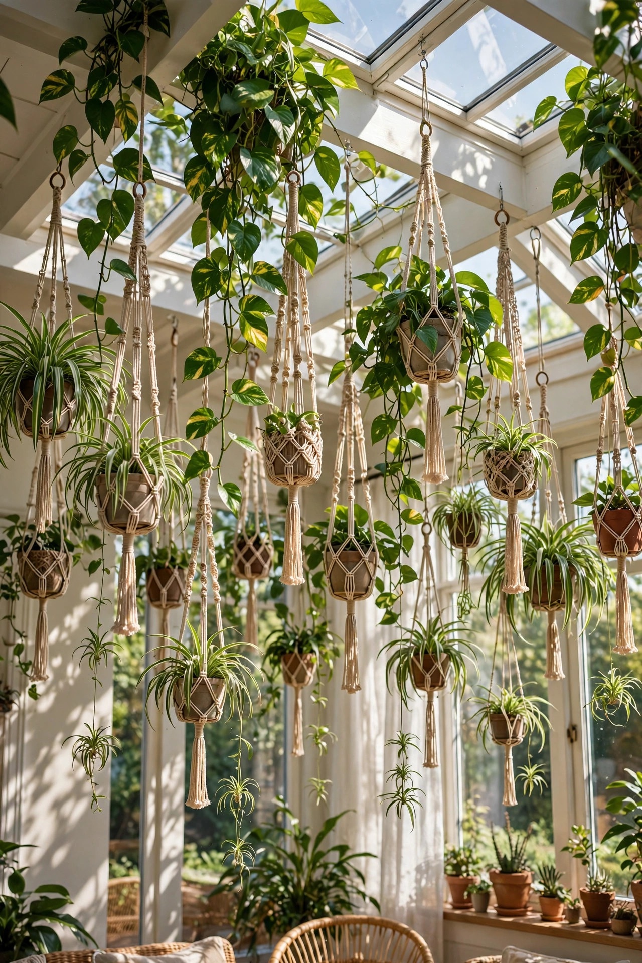 Sunroom ceiling with hanging trailing pothos and spider plants in macrame hangers