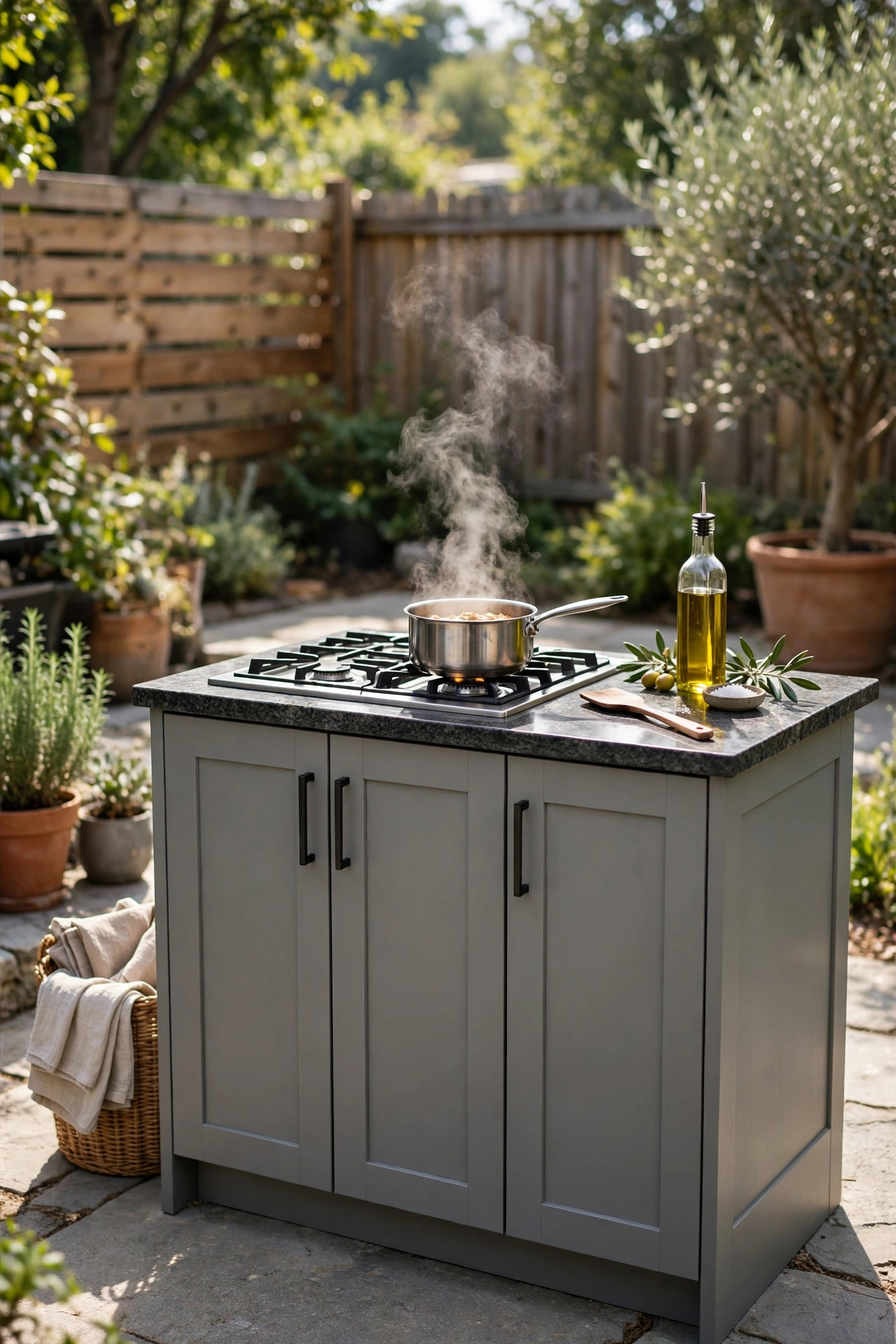 Outdoor kitchen island with a built in gas cooktop and a simmering pot