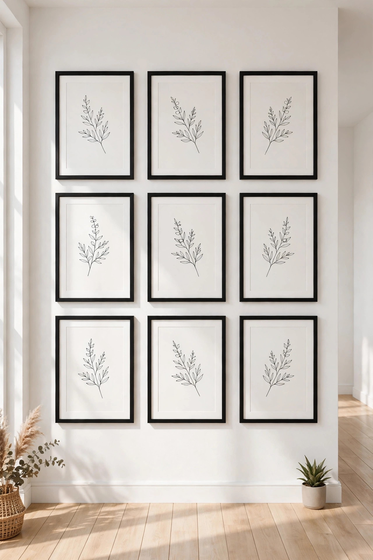 15 Gallery Wall Ideas That Look Curated, Not Cluttered 3 Nine identical black framed prints hang in a neat three by three grid on a bright hallway wall.