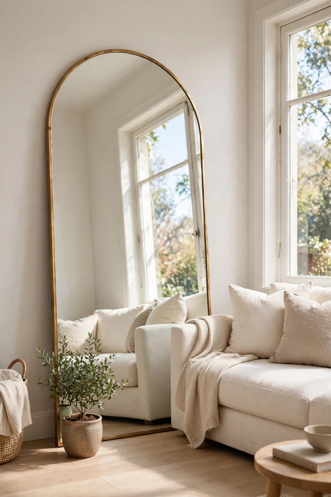 Tall arched floor mirror leaning against a living room wall reflecting bright window light