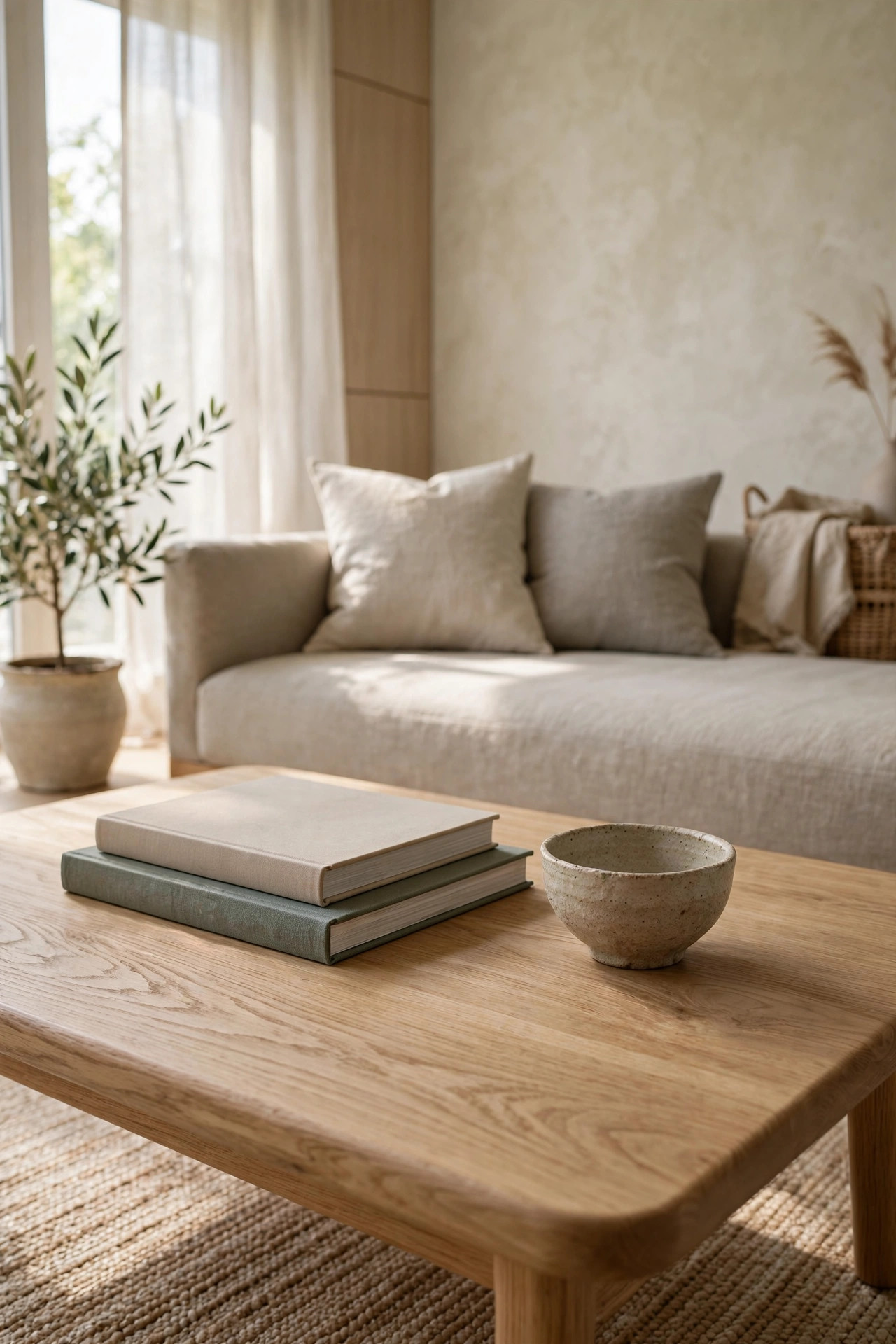 Light oak coffee table with art books and a handmade bowl in a Japandi living room